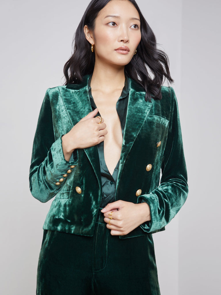 L'agence Brooke Double Busted Crop Velvet Blazer Forest Green abigail_fashion