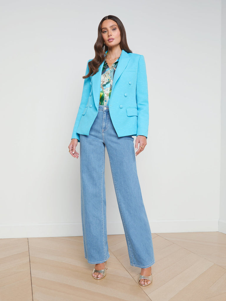 L'agence Kenzie Cotton-Blend Blazer Blue Atoll/ Multi Belt abigail fashion