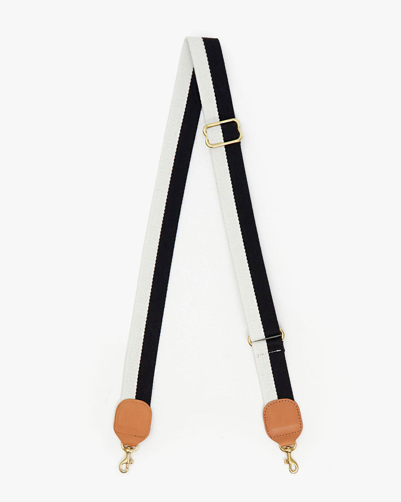 Clare V Adjustable Crossbody -Two Tone Webbing Strap Black/Cream/Cuoio abigail fashion