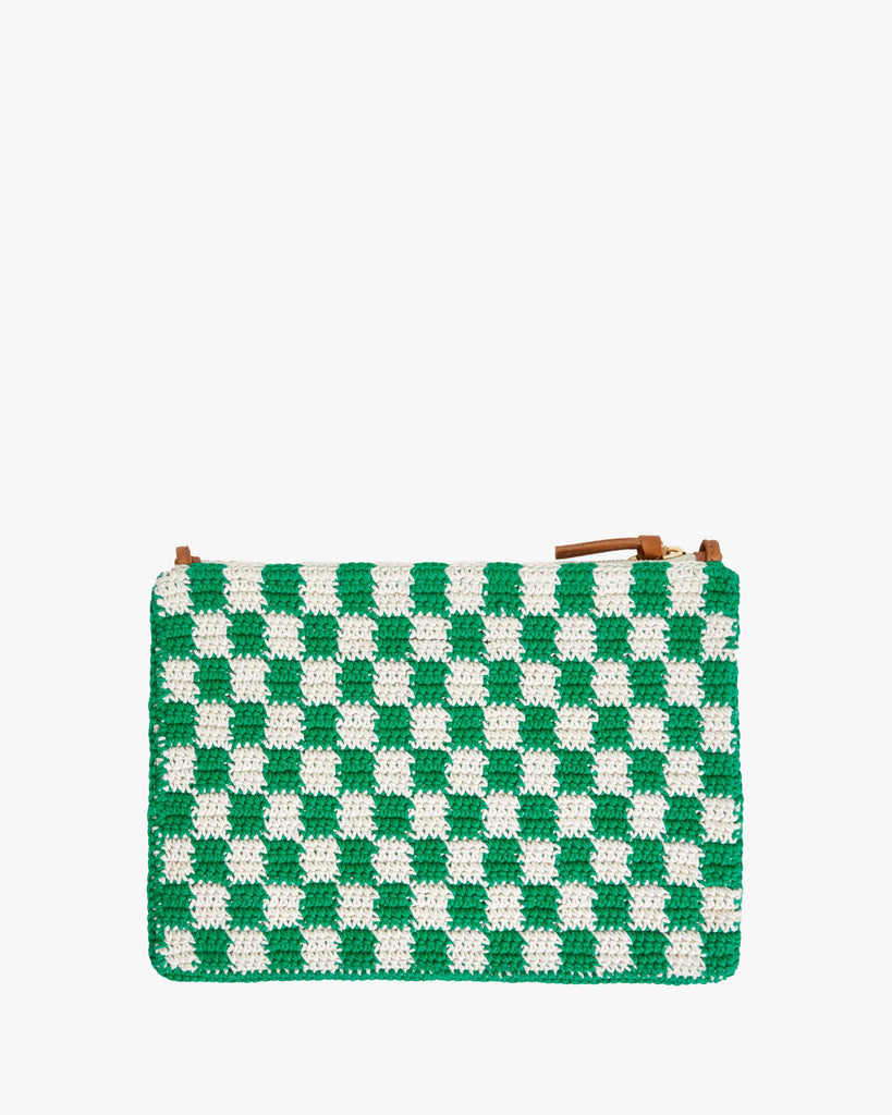 Clare V Flat Clutch With Tabs Bag Sea Green & Cream Mini Crochet Checker Bach&Co
