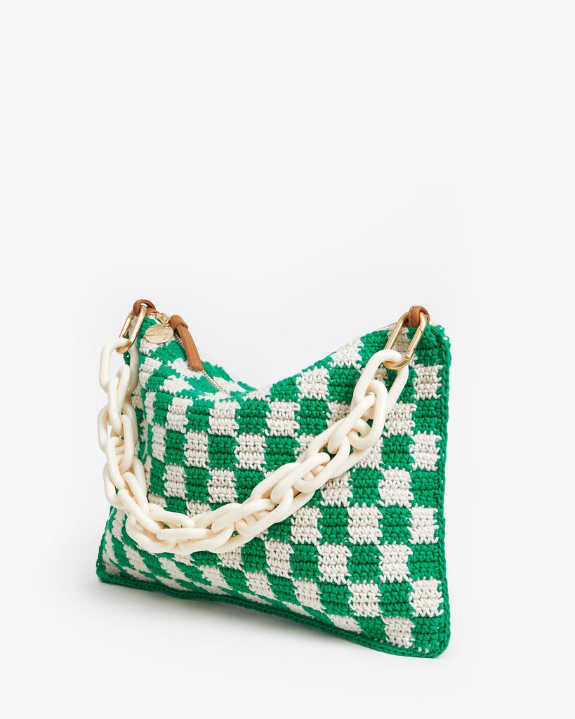 Clare V Flat Clutch With Tabs Bag Sea Green & Cream Mini Crochet Checker Bach&Co