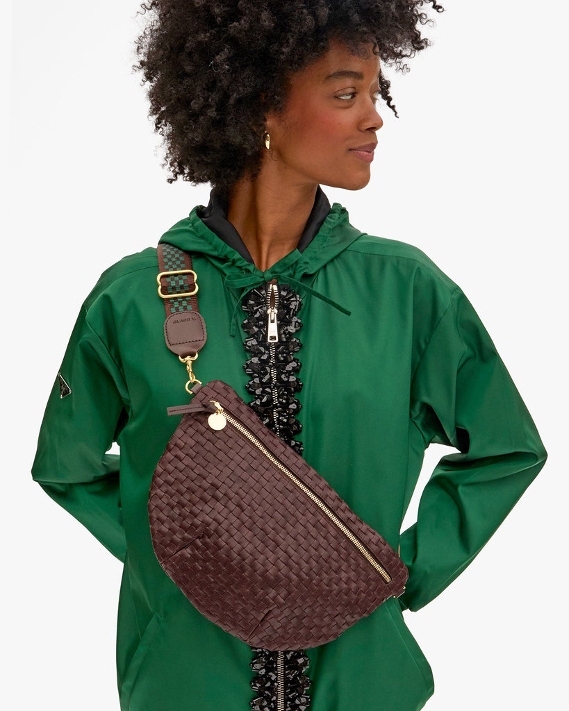 From the brand Clare V Women's Adjustable Crossbody Strap - Checkered in Chocolate/Evergreen - abigail fashion