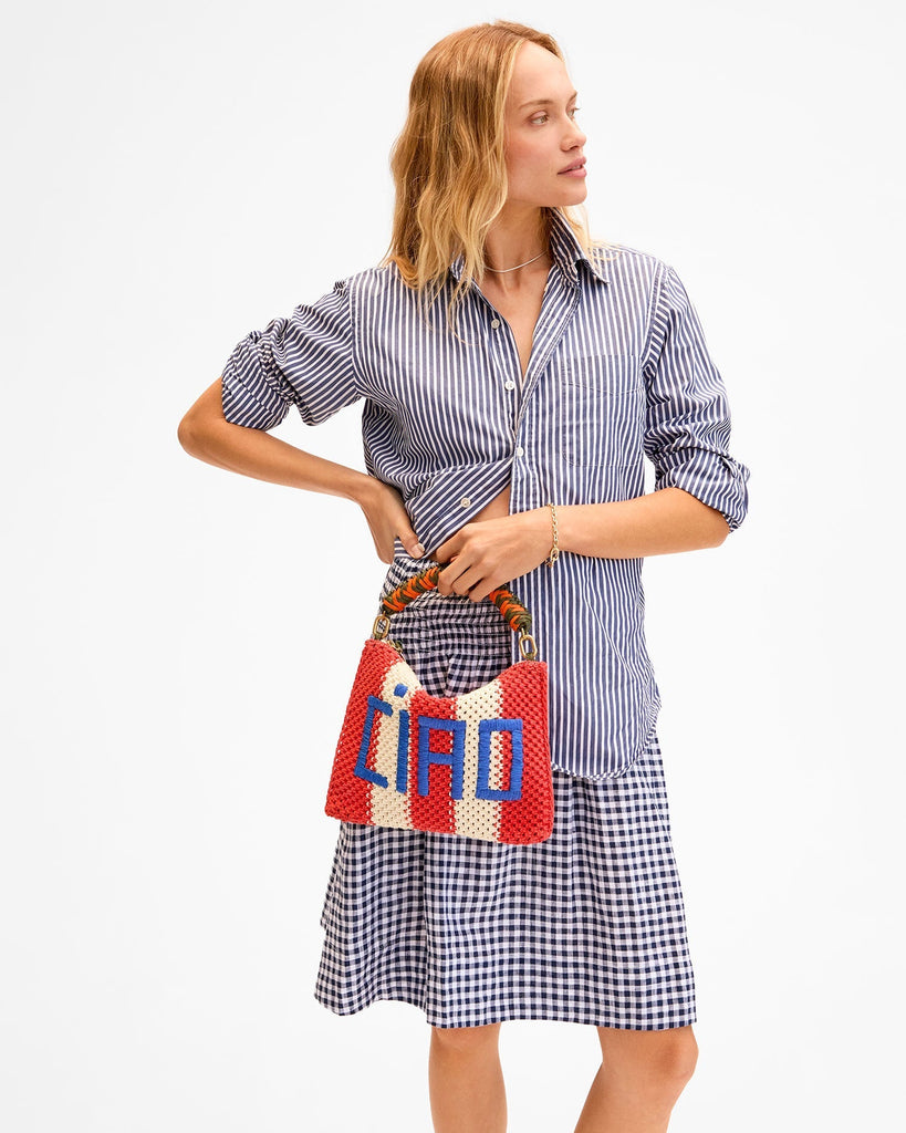 Clare V Women's Flat Clutch Handbag With Tabs - Crochet Stripe With Ciao Cream/Bright Poppy - abigail fashion