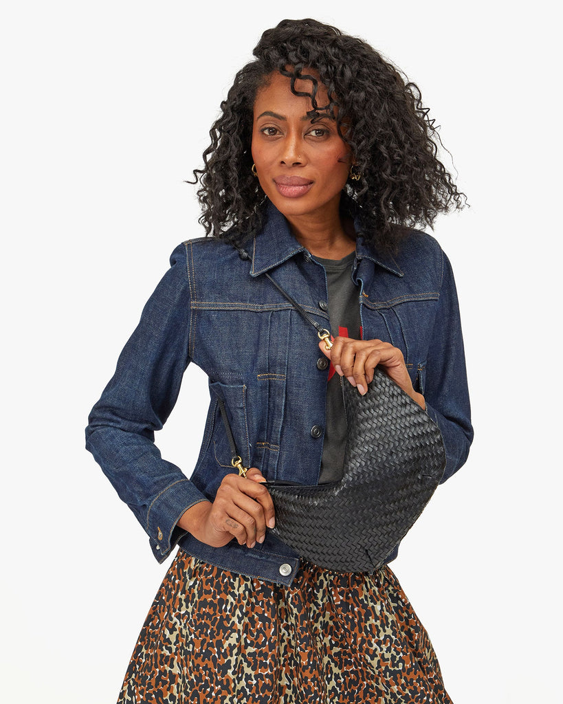 From the brand Clare V Women's Lune - Woven Zig- Zag Handbag in Black - abigail fashion