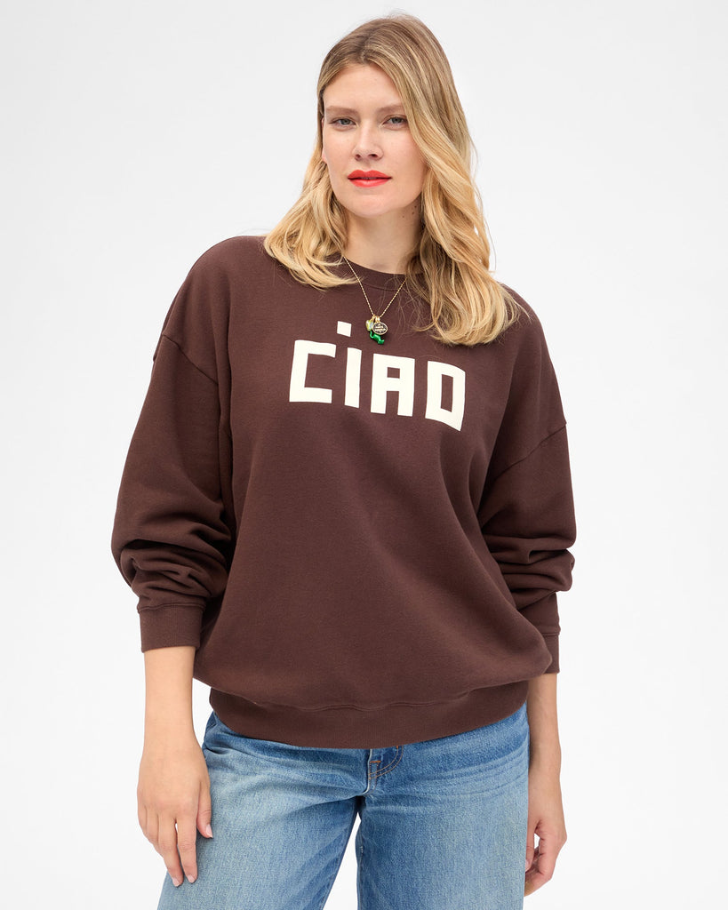 From the brand Clare V Women's Oversized Sweatshirt - Block Ciao in Chocolate - abigail fashion