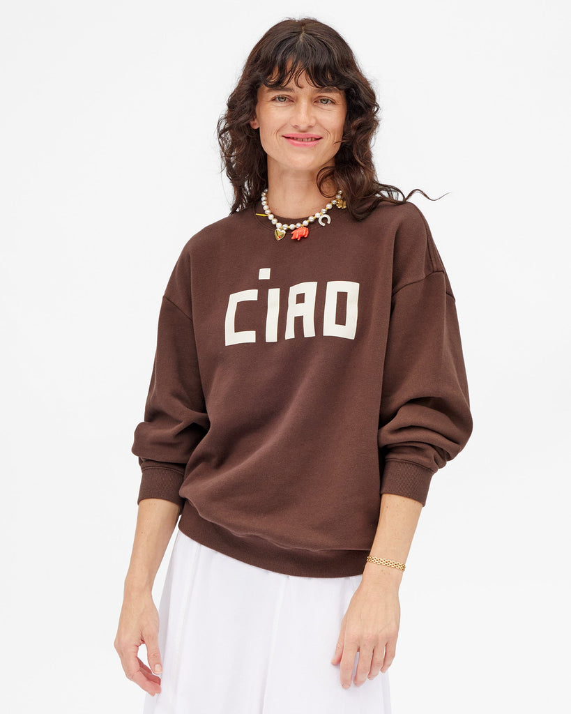 From the brand Clare V Women's Oversized Sweatshirt - Block Ciao in Chocolate - abigail fashion