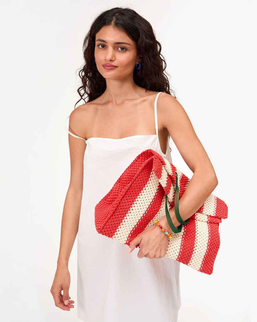 Clare V Women's Summer Simple Tote - Crochet Stripe Cream/Bright Poppy - abigail fashion