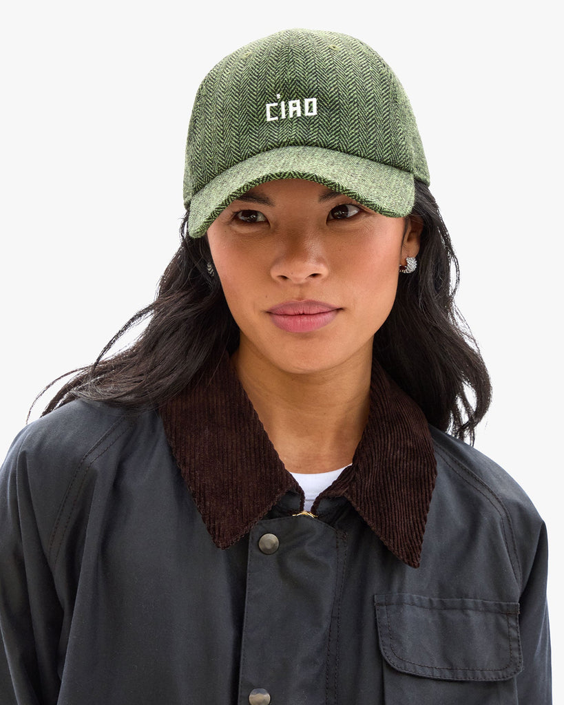 From the brand Clare V Women's Wool Baseball Hat - Embroidered Petit Ciao in Green/Black - abigail fashion