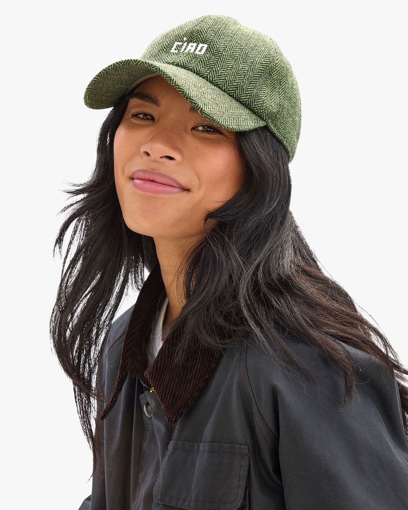 From the brand Clare V Women's Wool Baseball Hat - Embroidered Petit Ciao in Green/Black - abigail fashion