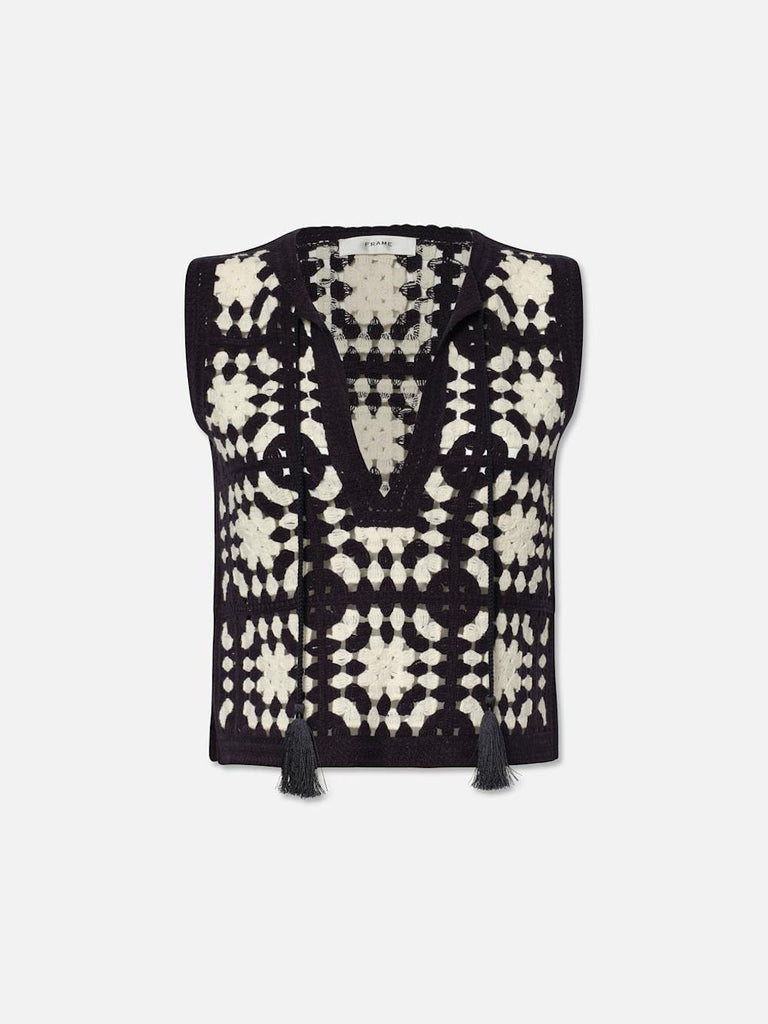 Frame Crochet Tassle Popover Top Navy Multi abigail fashion