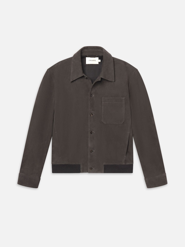 From the brand Frame Men's Suede Bomber Jacket in Old Black - abigail fashion