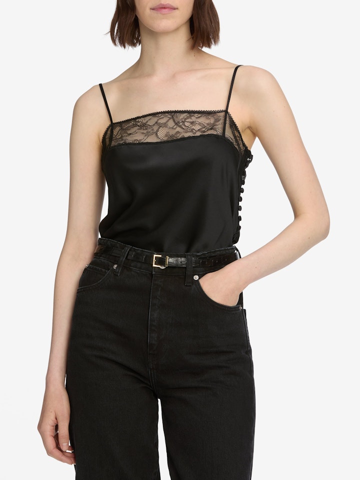 From the brand Frame Women's The Lace Inset Cami in Cami Black - abigail fashion