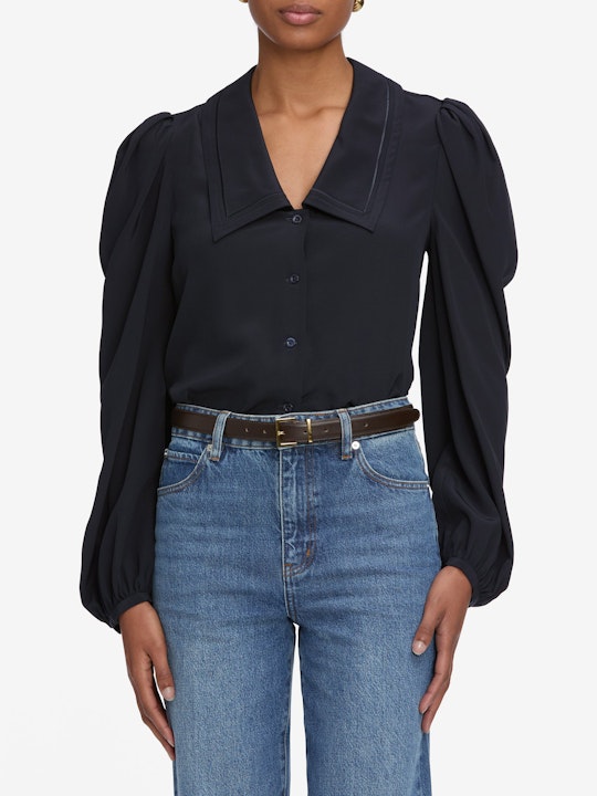 From the brand Frame Women's The Long Sleeve Sailor Blouse in Navy - abigail fashion