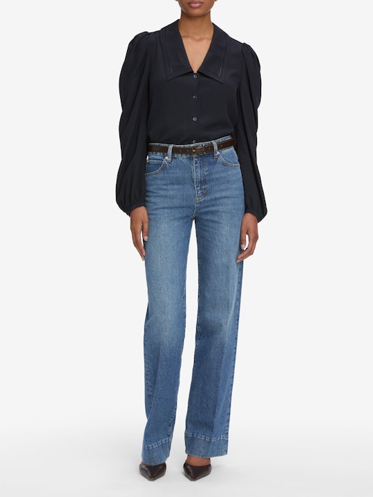 From the brand Frame Women's The Long Sleeve Sailor Blouse in Navy - abigail fashion