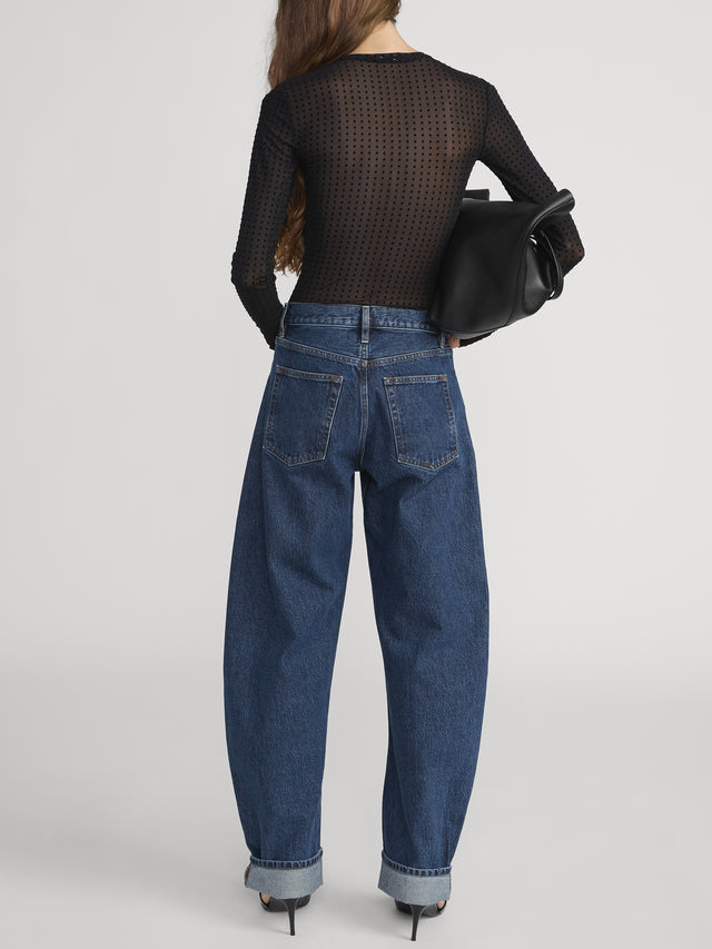 From the brand Frame Women's The Mesh Polka Dot Top in Black - abigail fashion