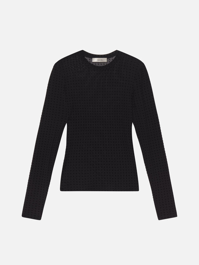 From the brand Frame Women's The Mesh Polka Dot Top in Black - abigail fashion