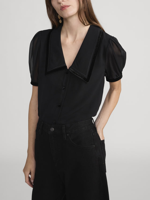 From the brand Frame Women's The Velvet Trim Sailor Blouse in Black - abigail fashion