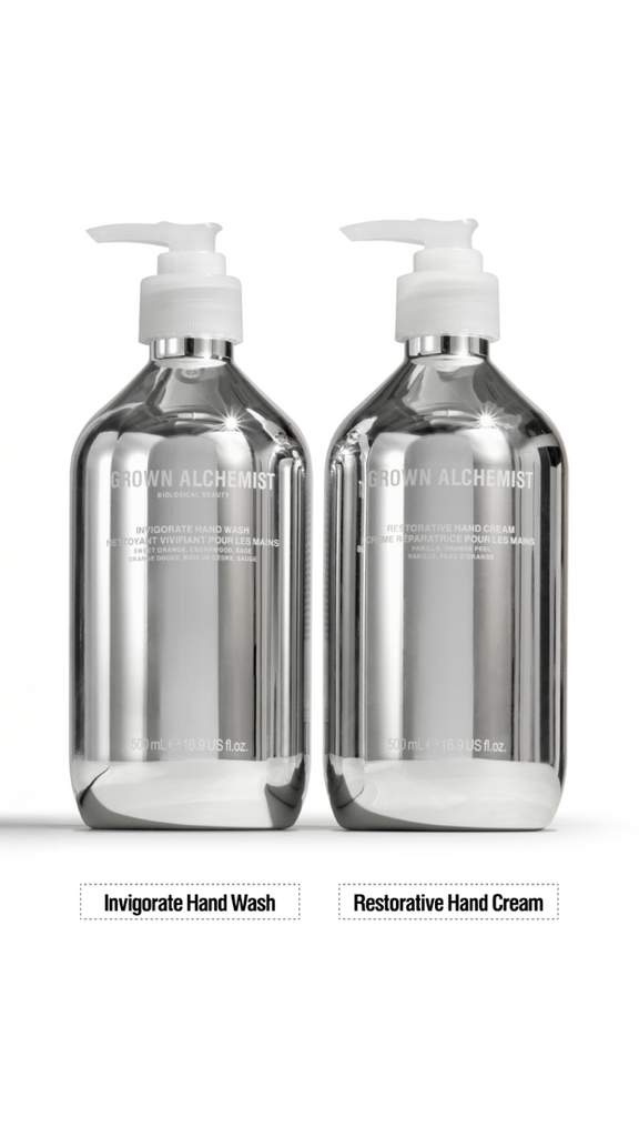 From the brand Grown Alchemist Unisex Hand Care Set: Chrome Edition in Hand Wash - 50ml + Hand Cream - 50ml - abigail fashion