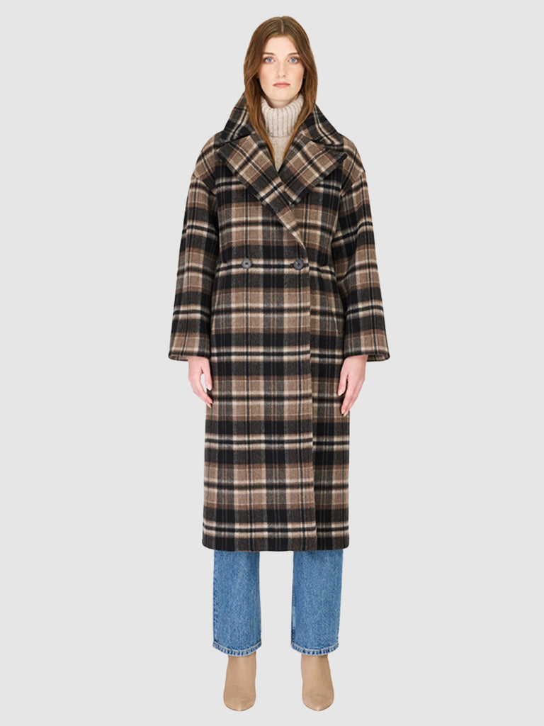 From the brand HISO Women's Isabella Woven Oversized Jacket in Brown Plaid 3 - abigail fashion
