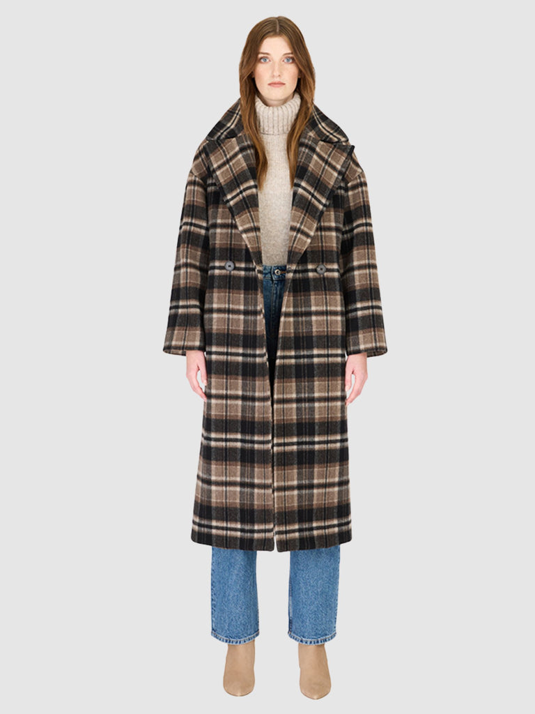 From the brand HISO Women's Isabella Woven Oversized Jacket in Brown Plaid 3 - abigail fashion