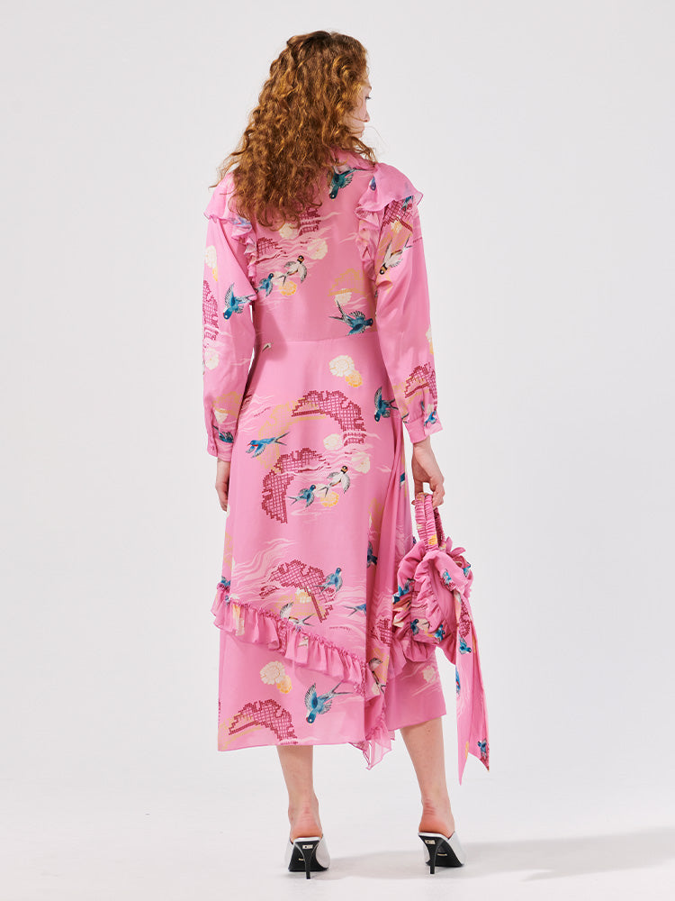 Hayley Menzies Charming Birds Frill Silk Midi Shirt Dress Charming Birds Pink Bach&Co
