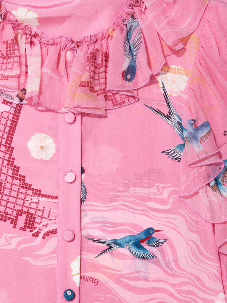 Hayley Menzies Charming Birds Frill Silk Midi Shirt Dress Charming Birds Pink Bach&Co