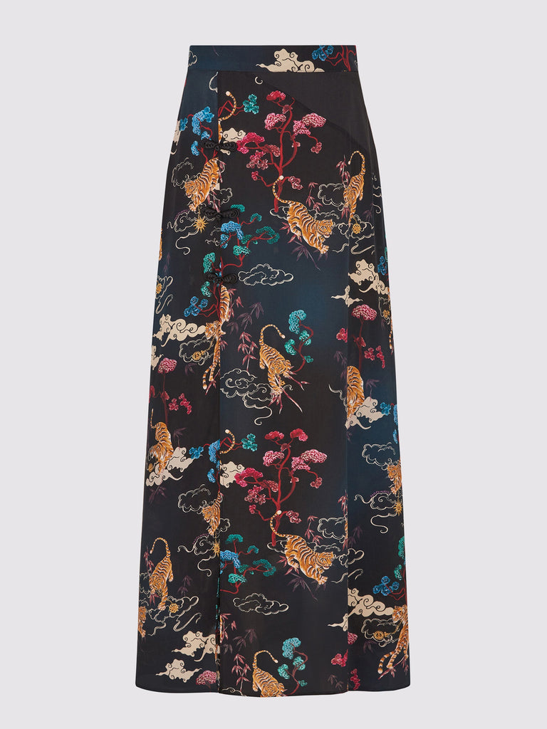 Hayley Menzies Courageous Tiger Side Split Silk Maxi Skirt Courageous Tiger Black Bach&Co