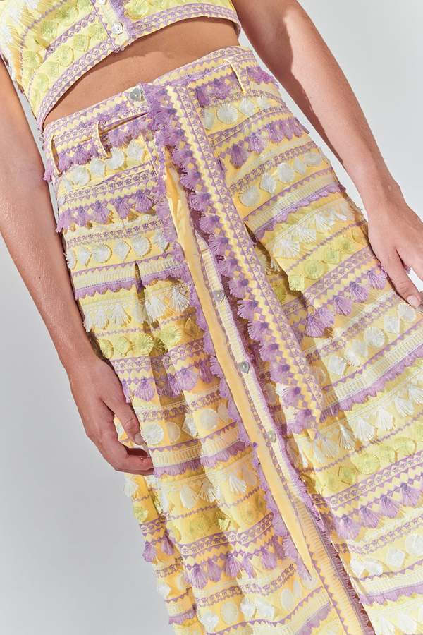 Hayley Menzies Embroidered High Waist Cotton Pleated Maxi Skirt Sun Wink Chartreuse abigail fashion