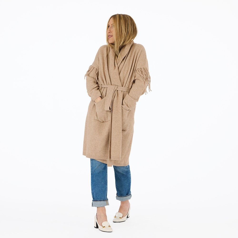From the brand Kerri Rosenthal Women's Calli Fringe Cardigan Coat in Camel - abigail fashion