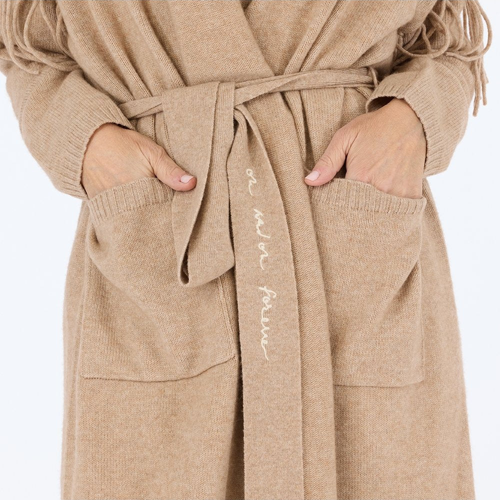 From the brand Kerri Rosenthal Women's Calli Fringe Cardigan Coat in Camel - abigail fashion
