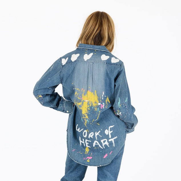 From the brand Kerri Rosenthal Women's Mia Handpainted Shirt in True Denim - abigail fashion