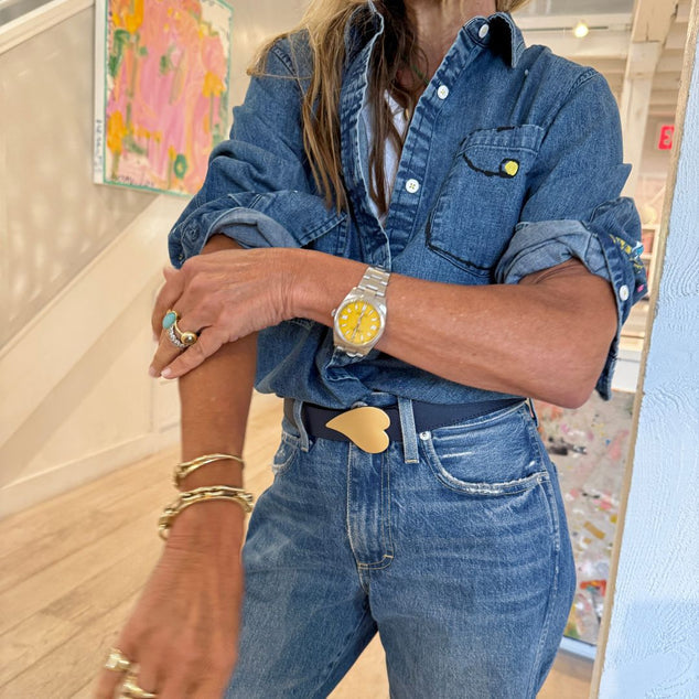 From the brand Kerri Rosenthal Women's Mia Handpainted Shirt in True Denim - abigail fashion