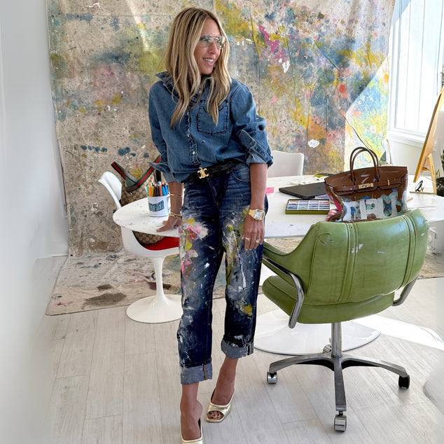 From the brand Kerri Rosenthal Women's Mia Handpainted Shirt in True Denim - abigail fashion