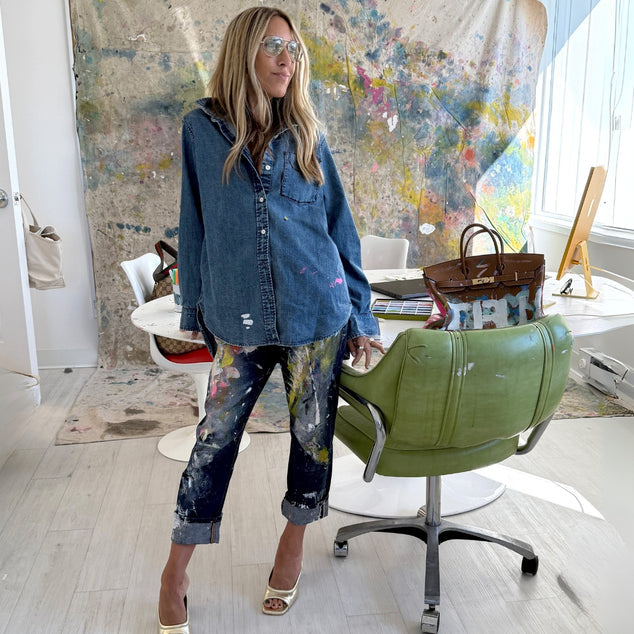 From the brand Kerri Rosenthal Women's Mia Handpainted Shirt in True Denim - abigail fashion