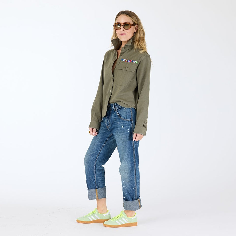 From the brand Kerri Rosenthal Women's Pia Love Brigade Shirt in Army Green - abigail fashion