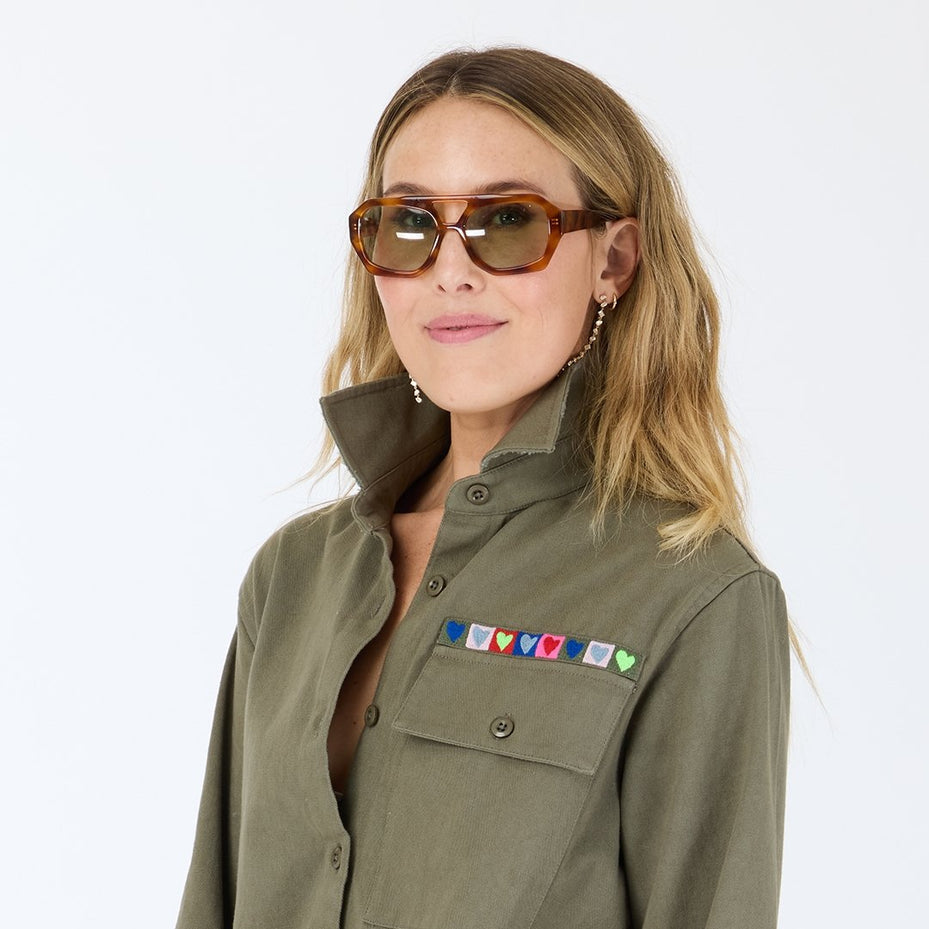 From the brand Kerri Rosenthal Women's Pia Love Brigade Shirt in Army Green - abigail fashion