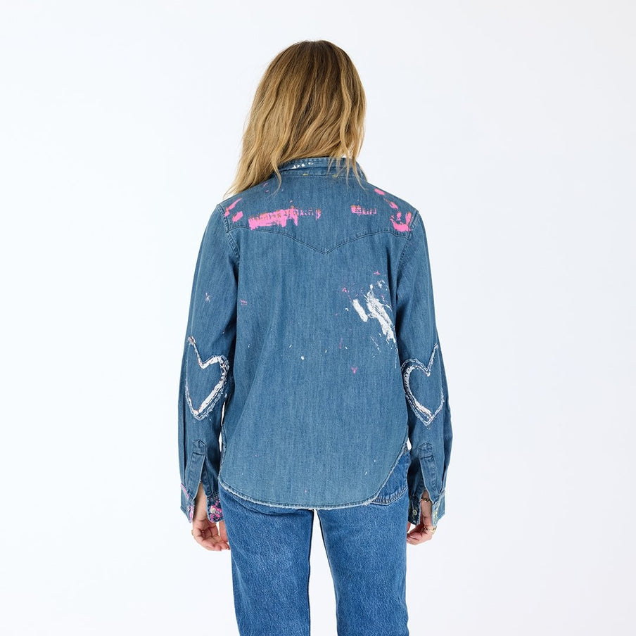 From the brand Kerri Rosenthal Women's Pia Western Studio Shirt in True Denim - abigail fashion