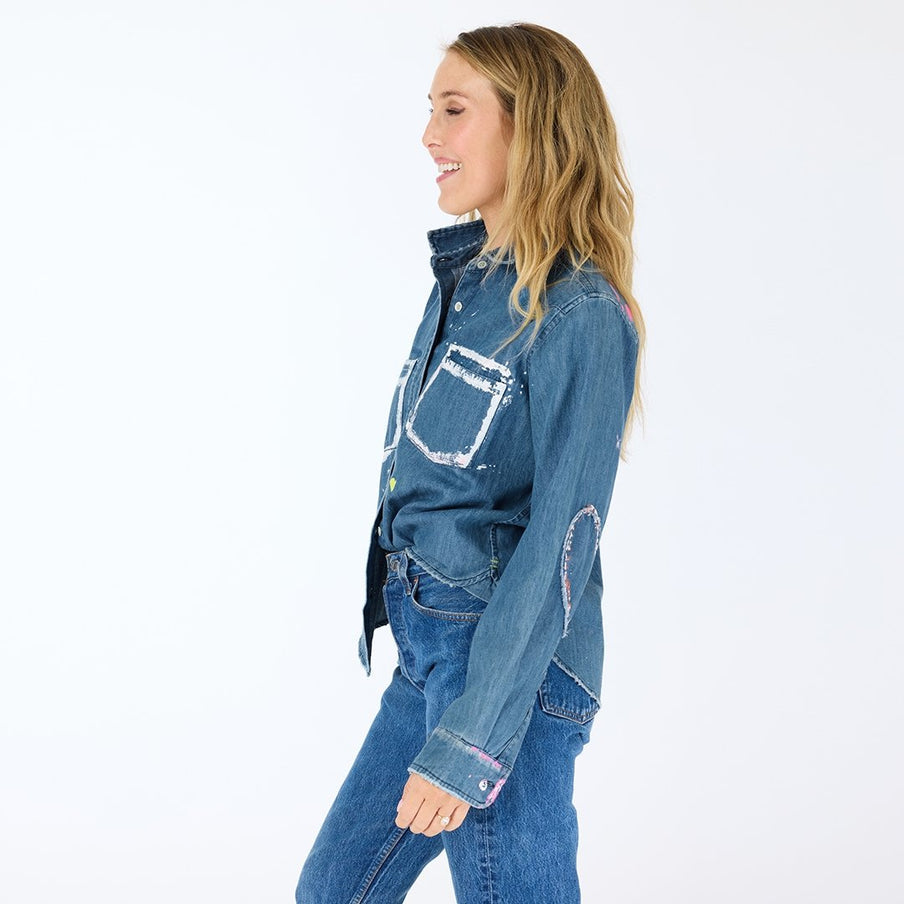 From the brand Kerri Rosenthal Women's Pia Western Studio Shirt in True Denim - abigail fashion