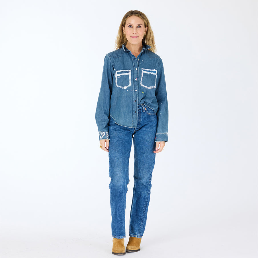 From the brand Kerri Rosenthal Women's Pia Western Studio Shirt in True Denim - abigail fashion