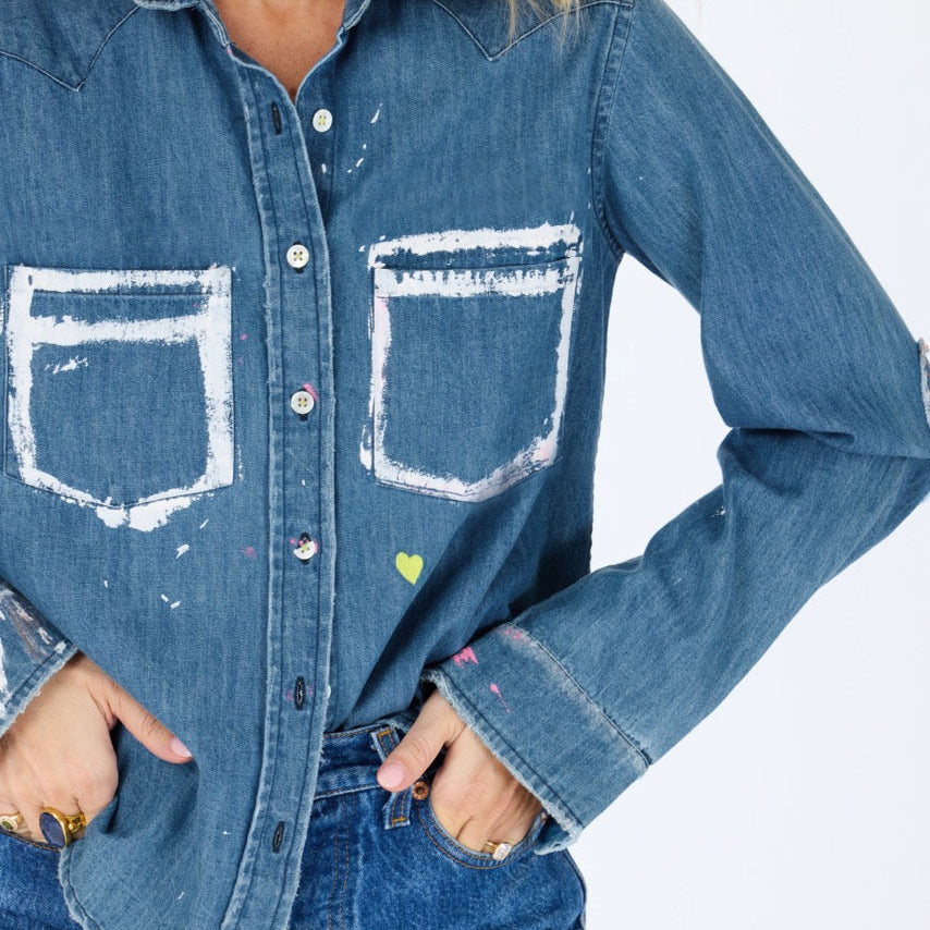 From the brand Kerri Rosenthal Women's Pia Western Studio Shirt in True Denim - abigail fashion