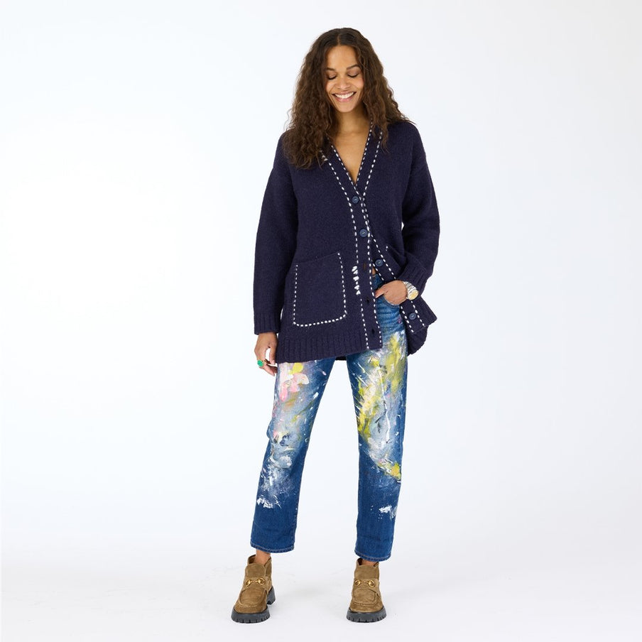 From the brand Kerri Rosenthal Women's Poppy Smiley Cardigan in Indigo Blue - abigail fashion