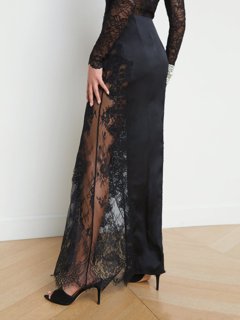 L'agence Minka Long Silk Lace Panel Skirt Black abigail fashion