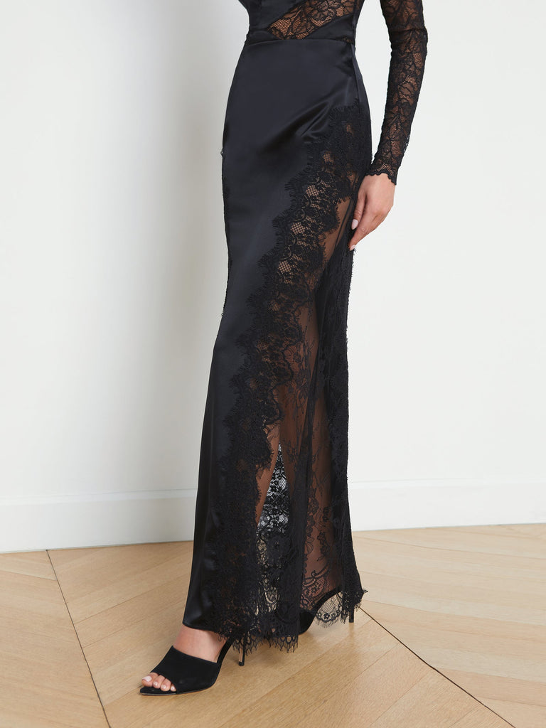 L'agence Minka Long Silk Lace Panel Skirt Black abigail fashion
