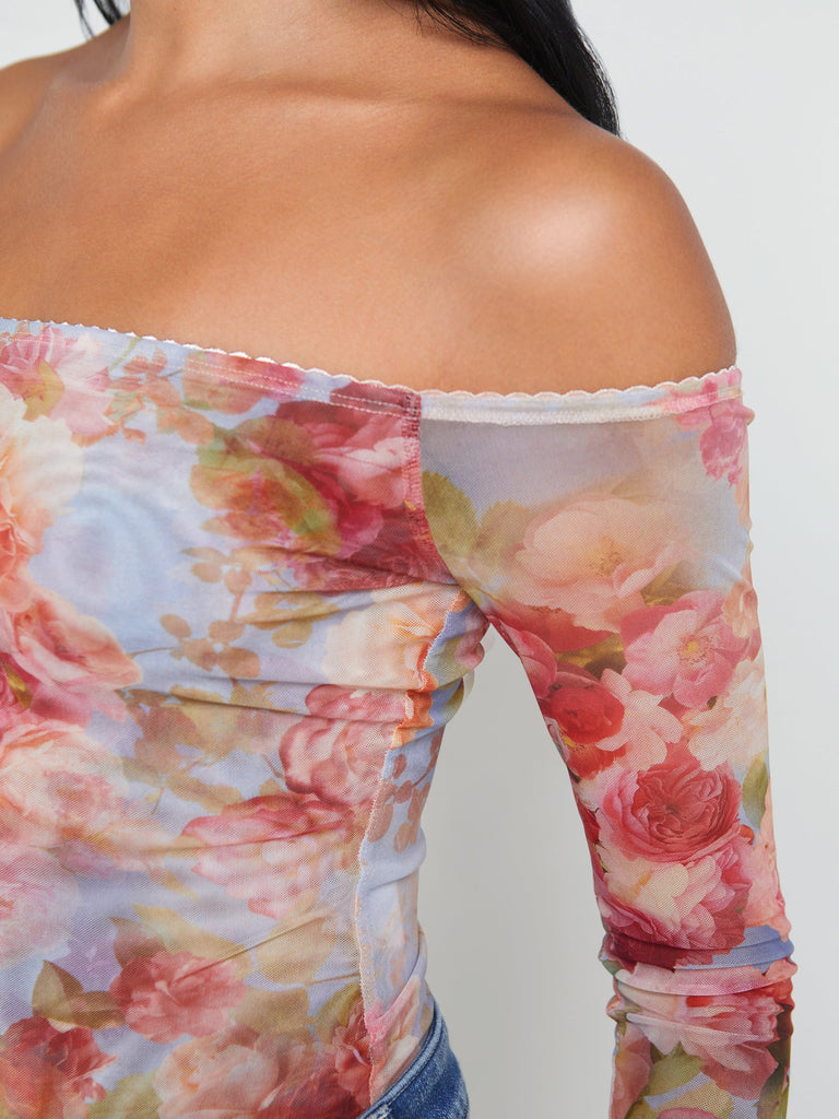 L'agence Peonie Off-the-Shoulder Bodysuit Multi Soft Cloud Floral abigail fashion