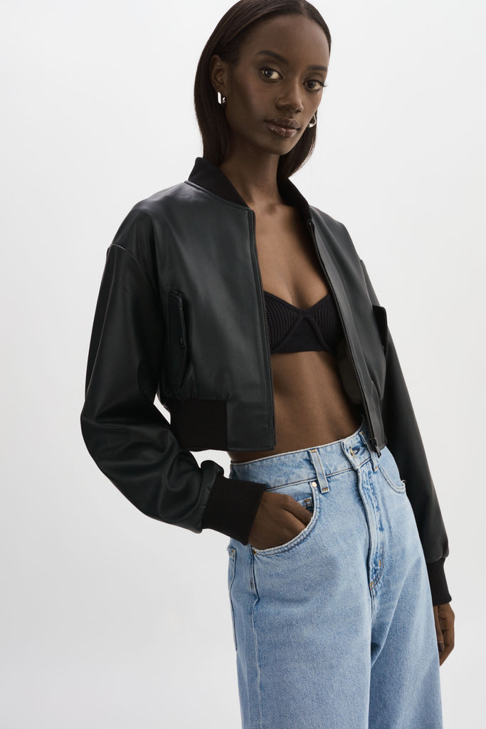 LaMarque Evelin Faux Leather Cropped Bomber Jacket Black Bach&Co