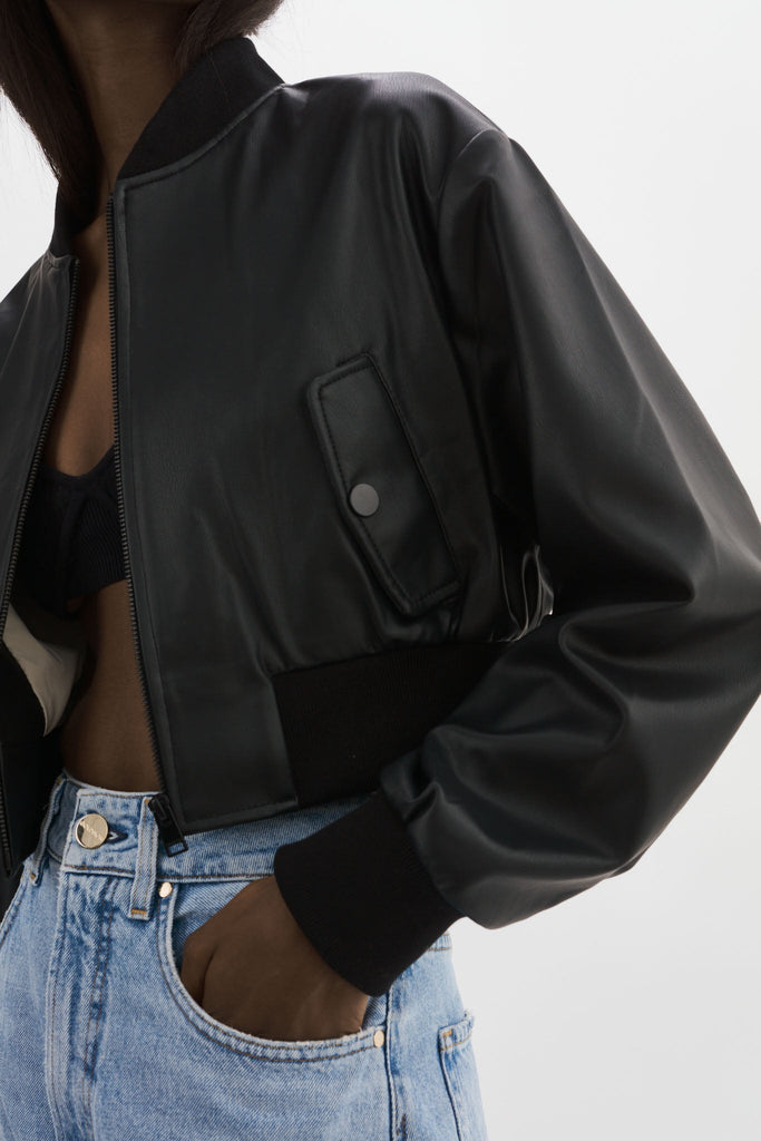 LaMarque Evelin Faux Leather Cropped Bomber Jacket Black Bach&Co