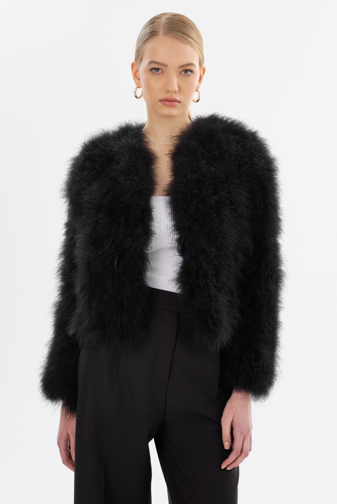 From the brand LaMarque Women's Deora Iconic Feather Jacket in Black - abigail fashion