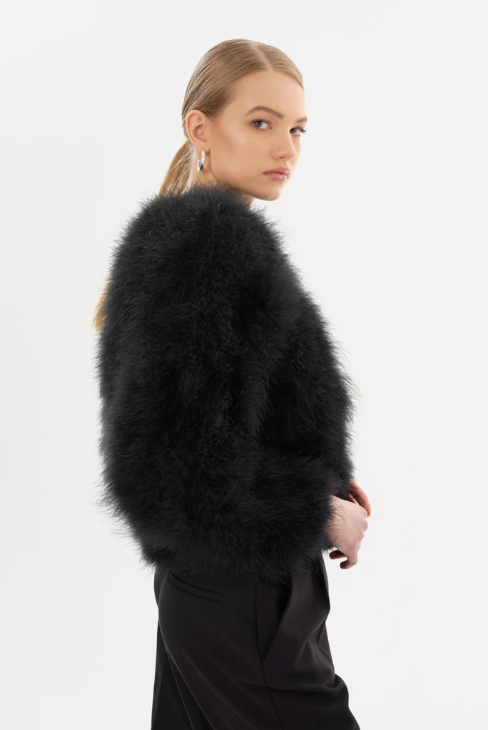From the brand LaMarque Women's Deora Iconic Feather Jacket in Black - abigail fashion
