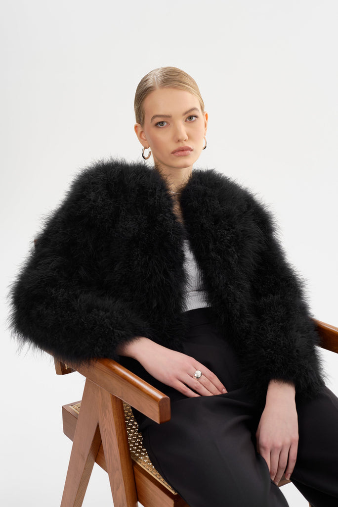 From the brand LaMarque Women's Deora Iconic Feather Jacket in Black - abigail fashion