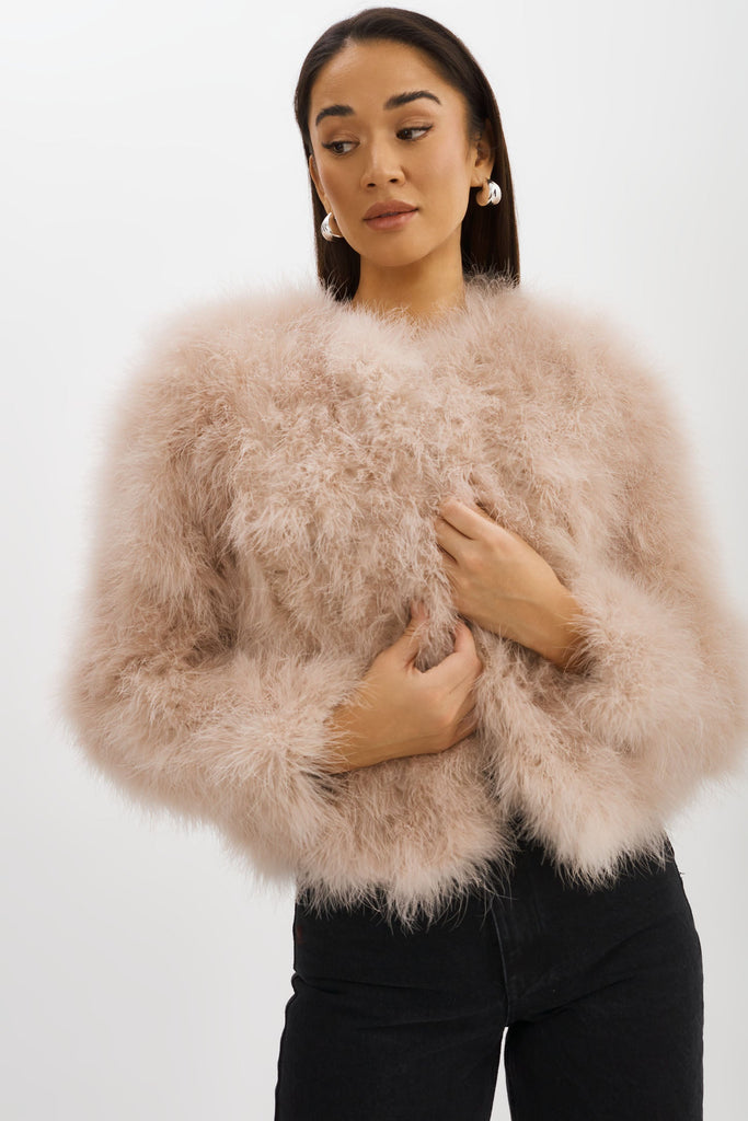 From the brand LaMarque Women's Deora Iconic Feather Jacket in Doeskin - abigail fashion